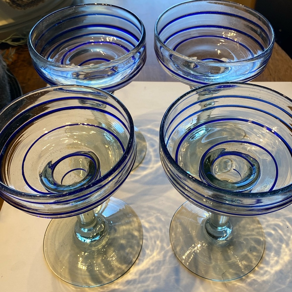 Cobalt Blue margarita glass s set of 4. Hand blown with applied blue ribbon